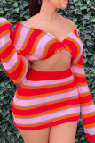 Sexy Striped V Neck Long Sleeve Two Pieces