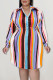 Casual Striped Print Hollowed Out Patchwork Buckle Turndown Collar Shirt Dress Plus Size Dresses