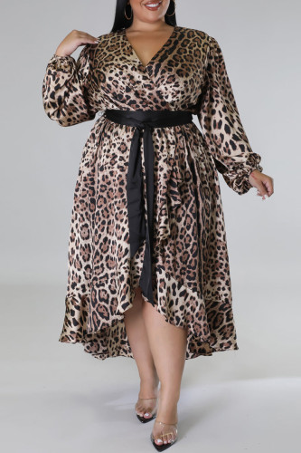 Casual Print Leopard Patchwork V Neck Long Sleeve Plus Size Dresses