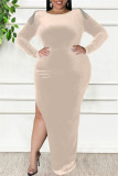 Sexy Casual Solid Patchwork Metal Accessories Decoration Backless Slit O Neck Long Sleeve Plus Size Dresses