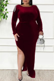 Sexy Casual Solid Patchwork Metal Accessories Decoration Backless Slit O Neck Long Sleeve Plus Size Dresses