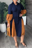 Casual Patchwork Contrast Turndown Collar Long Sleeve Dresses