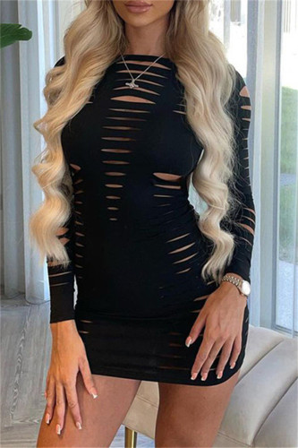 Sexy Solid Ripped Hollowed Out O Neck Long Sleeve Dresses
