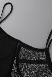 Fashion Sexy Plus Size Patchwork Hot Drilling See-through Backless Spaghetti Strap Sleeveless Dress