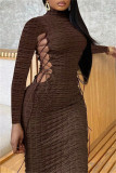 Sexy Casual Solid Hollowed Out Frenulum Turtleneck Long Sleeve Dresses