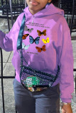 Casual Butterfly Print Patchwork Hooded Collar Tops
