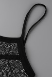 Fashion Sexy Plus Size Patchwork Hot Drilling See-through Backless Spaghetti Strap Sleeveless Dress
