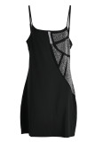 Fashion Sexy Plus Size Patchwork Hot Drilling See-through Backless Spaghetti Strap Sleeveless Dress
