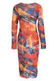 Fashion Casual Print Patchwork O Neck Long Sleeve Plus Size Dresses