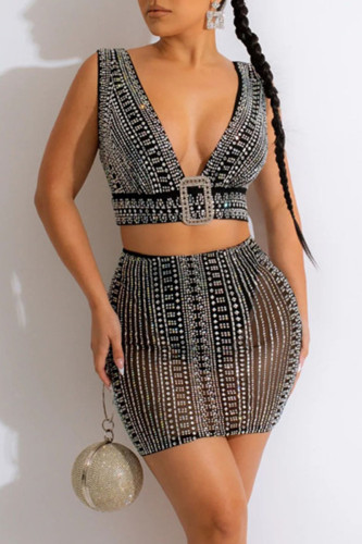 Sexy Patchwork Hot Drilling See-through Backless V Neck Sleeveless Two Pieces