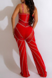 Sexy Patchwork Hot Drilling See-through Backless V Neck Regular Jumpsuits
