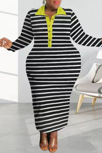 Casual Striped Print Patchwork Turndown Collar Long Sleeve Plus Size Dresses
