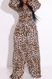 Sexy Print Leopard Bandage Patchwork V Neck Long Sleeve Two Pieces