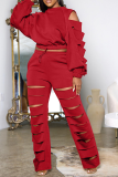 Casual Solid Hollowed Out O Neck Long Sleeve Two Pieces