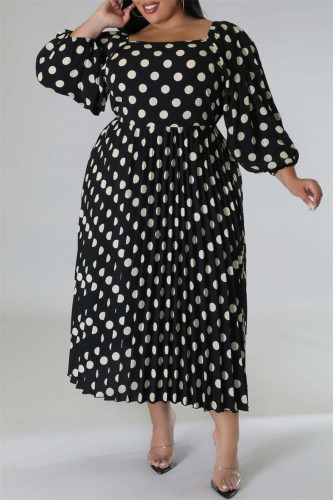 Casual Dot Print Patchwork Square Collar Long Sleeve Plus Size Dresses