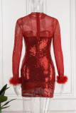 Fashion Sexy Patchwork Hot Drilling See-through Feathers Half A Turtleneck Long Sleeve Dresses