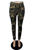 Casual Camouflage Print Patchwork With Belt High Waist Pencil Full Print Bottoms