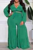 Casual Solid Bandage V Neck Plus Size Two Pieces
