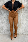 Street Solid Fold Skinny High Waist Pencil Solid Color Bottoms
