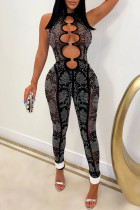 Sexy Patchwork Hot Drilling Hollowed Out See-through O Neck Skinny Jumpsuits