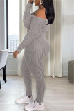 Casual Solid Backless Off the Shoulder Long Sleeve Two Pieces