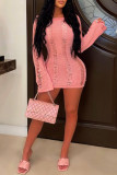 Sexy Solid Hollowed Out See-through O Neck Long Sleeve Dresses