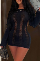 Sexy Solid Hollowed Out See-through O Neck Long Sleeve Dresses