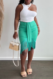 Sexy Solid Tassel O Neck Sleeveless Two Pieces