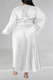 Casual Solid Patchwork Fold O Neck Pleated Plus Size Dresses