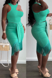 Sexy Solid Tassel O Neck Sleeveless Two Pieces