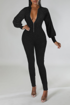 Sexy Solid Sequins Zipper Collar Skinny Jumpsuits