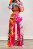 Street Patchwork Tie-dye O Neck Long Sleeve Two Pieces