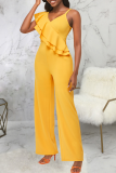 Casual Solid Patchwork Spaghetti Strap Boot Cut Jumpsuits