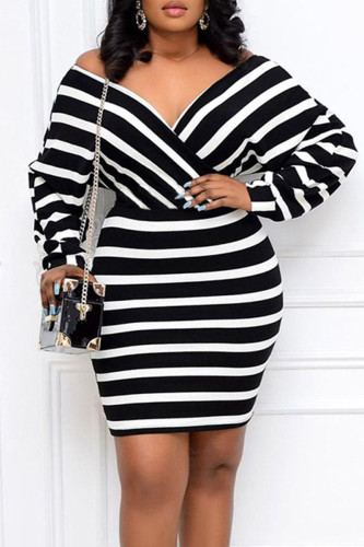 Casual Striped Print Patchwork V Neck Pencil Skirt Plus Size Dresses