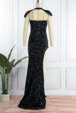 Sexy Formal Patchwork Hollowed Out Sequins Backless Slit Turn-back Collar Evening Dress Dresses