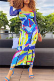 Sexy Print Patchwork Square Collar Long Sleeve Dresses