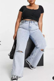 Casual Solid Ripped Patchwork Plus Size Jeans