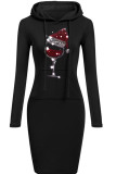 Casual Santa Hats Printed Patchwork Hooded Collar Long Sleeve Dresses