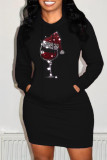 Casual Santa Hats Printed Patchwork Hooded Collar Long Sleeve Dresses