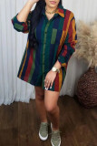 Casual Striped Print Patchwork Turndown Collar Long Sleeve Dresses