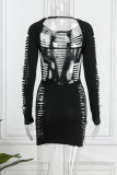 Sexy Solid Ripped Hollowed Out O Neck Long Sleeve Dresses