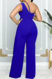 Casual Solid Patchwork Backless Oblique Collar Regular Jumpsuits
