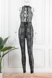 Sexy Patchwork Hot Drilling Hollowed Out See-through O Neck Skinny Jumpsuits