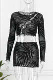 Sexy Patchwork Hollowed Out See-through O Neck Long Sleeve Two Pieces