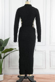 Sexy Casual Solid Hollowed Out Frenulum Turtleneck Long Sleeve Dresses