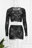 Sexy Patchwork Hollowed Out See-through O Neck Long Sleeve Two Pieces