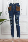 Casual Patchwork Tassel Ripped High Waist Skinny Denim Jeans