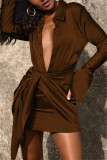 Sexy Casual Solid Patchwork Turndown Collar Long Sleeve Dresses