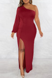 Sexy Formal Solid Backless Slit Oblique Collar Long Sleeve Dresses