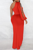 Sexy Formal Solid Backless Slit Oblique Collar Long Sleeve Dresses